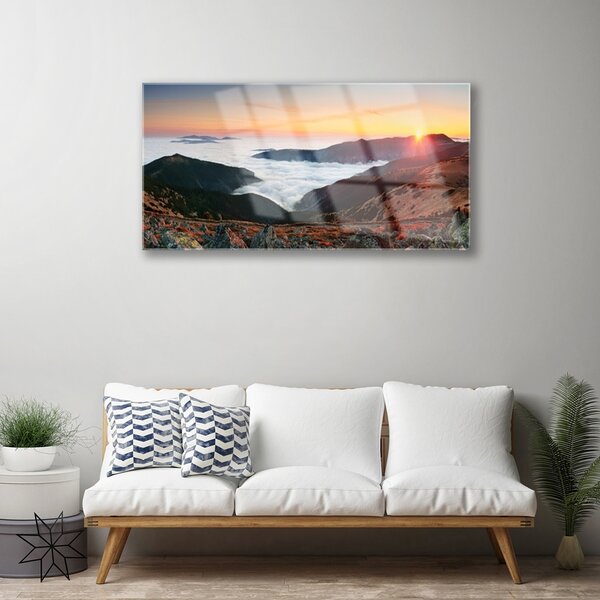 Skleneny obraz Hory mraky slnko krajina 100x50 cm 2 Prívesky