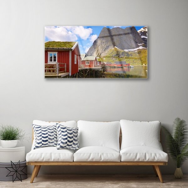 Skleneny obraz Domy jazero hory príroda 100x50 cm 2 Prívesky