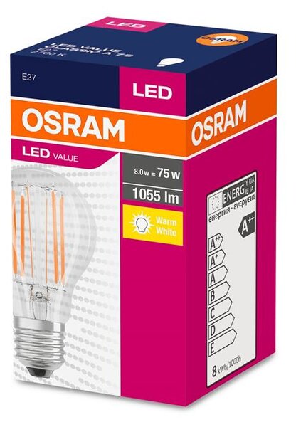 Žiarovka OSRAM® LED FIL 075 (ean8669) non-dim, 8W/827 E27 2700K Value CLASSIC A