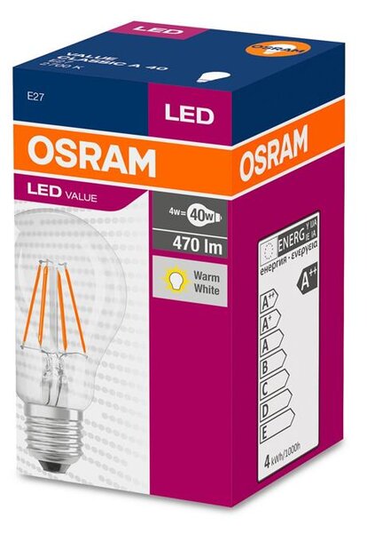 Ziarovka OSRAM® LED FIL 040 (ean9634) non-dim, 4W/827 E27 2700K Value CLASSIC A
