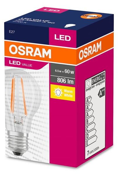 Ziarovka OSRAM® LED FIL 060 (ean9658) non-dim, 7W/827 E27 2700K Value CLASSIC A
