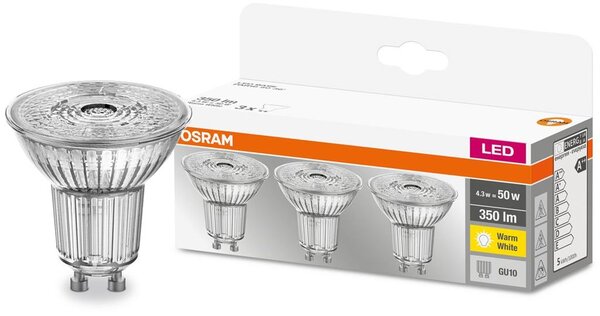 3 ks Žiarovka OSRAM® BASIC LED GU10 50 (ean8392) 36° 4,3W/840 4000K MULTIPACK bal. 3 ks, sklo, Star