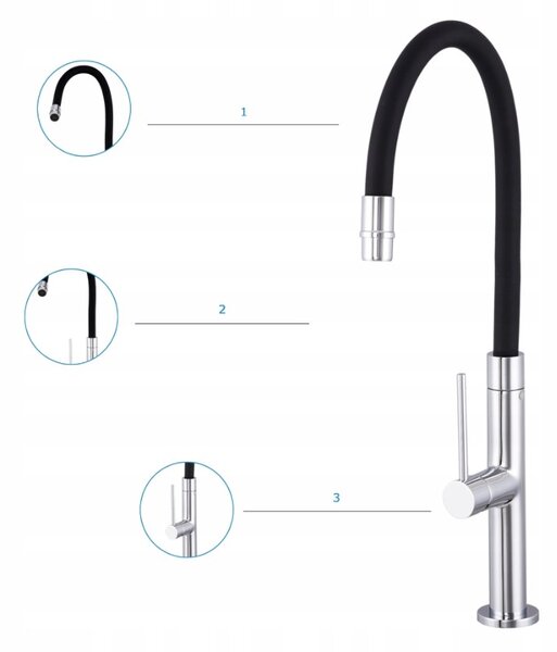 Gamma Flex Slim, vysoká kuchynská batéria s elastickým ramenom h-480 mm, čierna-chrómová, GMA-BFXSL-CH