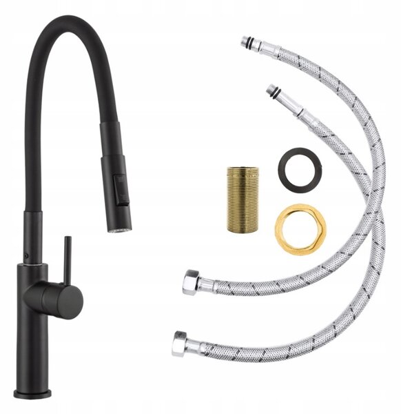 Gamma Full New, vysoká kuchynská batéria s elastickým ramenom a spŕškou h-485 mm, čierna matná, GMA-BFLN-BK