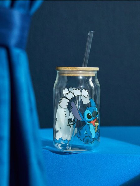 Sinsay - Sklenený hrnček s viečkom a slamkou Stitch - viacfarebná
