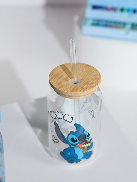 Sinsay - Sklenený hrnček s viečkom a slamkou Stitch - viacfarebná