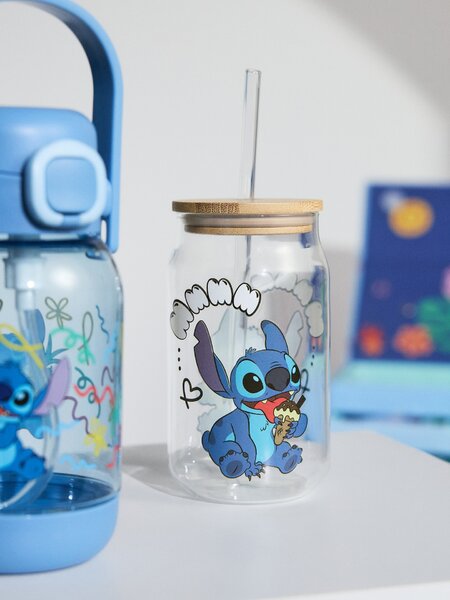 Sinsay - Sklenený hrnček s viečkom a slamkou Stitch - viacfarebná