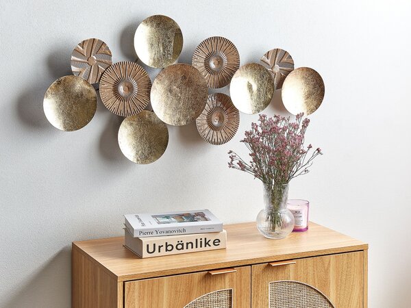 Nástenná dekorácia zlatá a hnedá železná 98 x 45 cm ručne vyrobená ozdoba na stenu moderné industriálne bytové doplnky