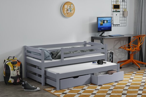 Detská posteľ z masívu borovice MARTIN II s prístelkou a zásuvkami - 200x90 cm - šedá
