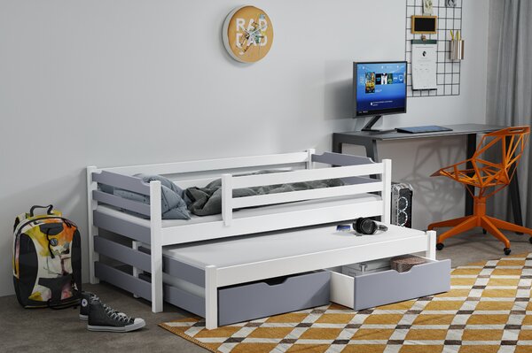 Detská posteľ z masívu borovice MARTIN II s prístelkou a zásuvkami - 200x90 cm - biela/sivá