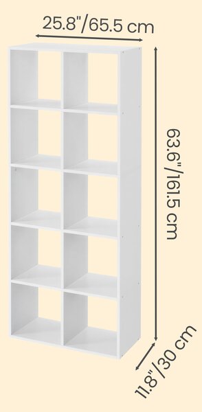 VASAGLE Knižnica s 10 kockami v škandinávskom štýle 66 x 162 x 30 cm biela