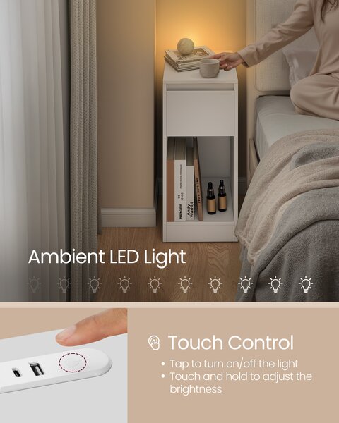 VASAGLE Úzky nočný stolík s LED osvetlením a USB zásuvkou 25 x 60 x 30 cm biela