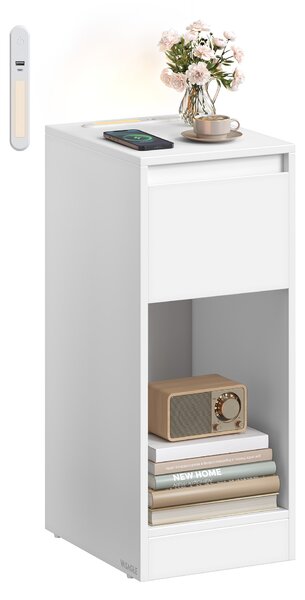 VASAGLE Úzky nočný stolík s LED osvetlením a USB zásuvkou 25 x 60 x 30 cm biela