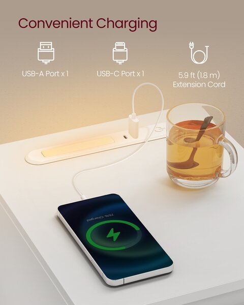VASAGLE Úzky nočný stolík s LED osvetlením a USB zásuvkou 25 x 60 x 30 cm biela