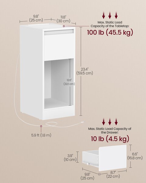 VASAGLE Úzky nočný stolík s LED osvetlením a USB zásuvkou 25 x 60 x 30 cm biela