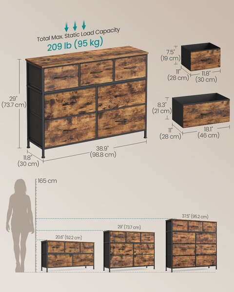 SONGMICS Komoda so 7 látkovými zásuvkami, 99 x 74 x 30 cm, hnedá, čierna