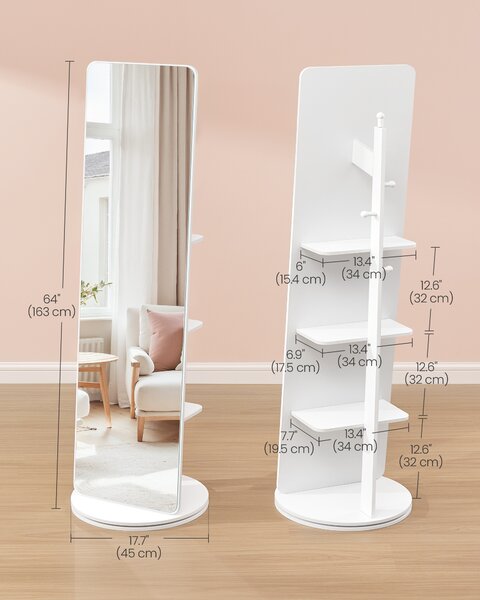 SONGMICS Otočné bezrámové zrkadlo so základňou a policami 163 x 45 cm, biele