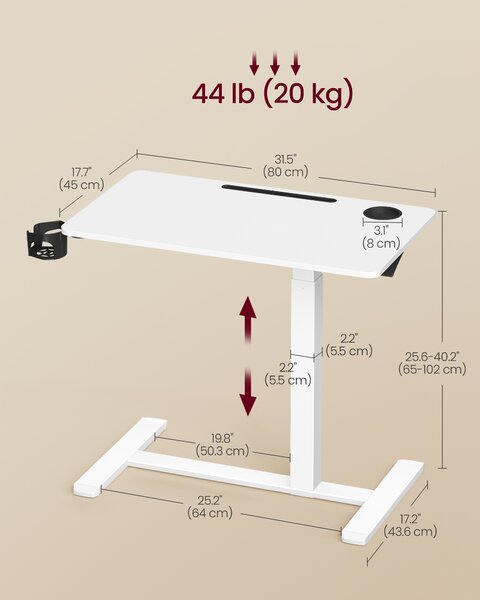 VASAGLE Odkladací pojazdný stolík s nastaviteľnou výškou, 80 x 65–102 x 45 cm, biela