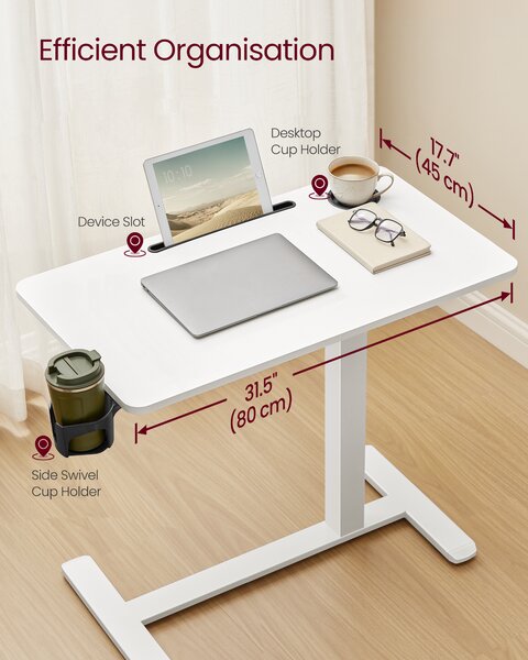 VASAGLE Odkladací pojazdný stolík s nastaviteľnou výškou, 80 x 65–102 x 45 cm, biela