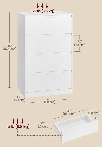 VASAGLE Komoda KAILYN 4 zásuvky 60 x 97 x 40 cm biela