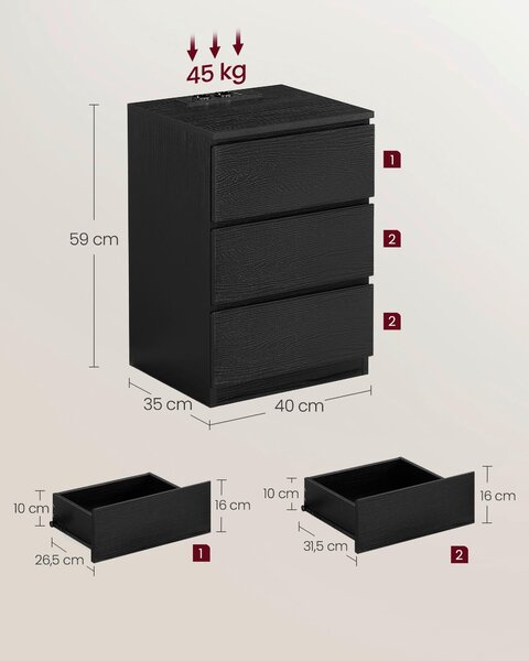SADA NOČNÝCH STOLÍKOV, čierna, 40/59/35 cm MID.YOU - Spálňové sety, Online Only