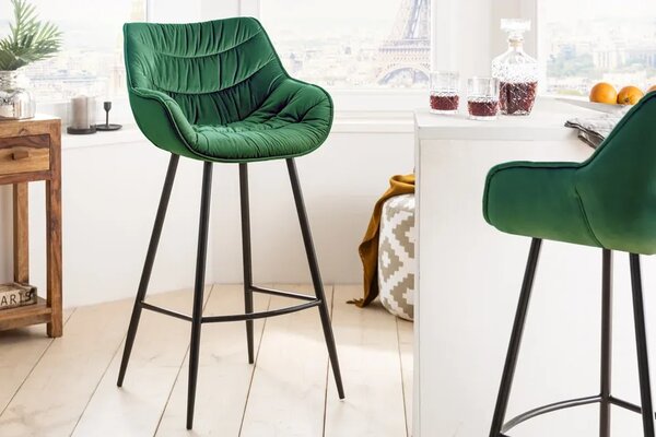 Nemecko - Retro barová stolička THE DUTCH COMFORT smaragdovo zelená, zamat, s opierkou na nohy