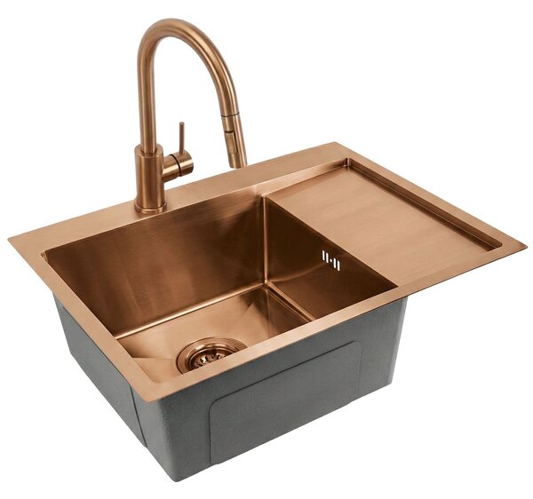 Rea Fin, 1-komorový nerezový drez 620x480x185 mm, brúsená meď, ZLE-06018
