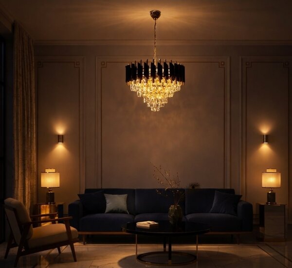 Luster na reťazi CRISTAL 7xE14/10W/230V čierna/zlatá