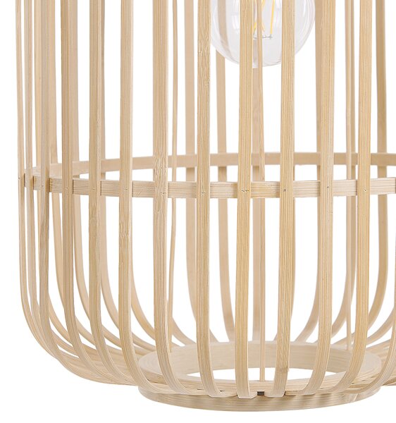 Závesná lampa svetlohnedá bambusové drevo kov PVC prírodný matný povrch geometrické klietkové tienidlo boho štýl osvetlenie