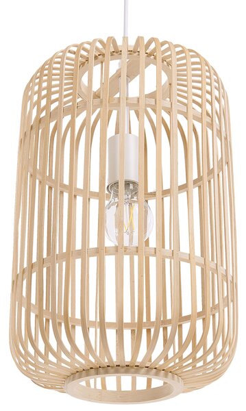 Závesná lampa svetlohnedá bambusové drevo kov PVC prírodný matný povrch geometrické klietkové tienidlo boho štýl osvetlenie