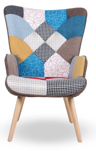Kreslo ušiak CORDU + taburet — masív, látka, prírodná / patchwork