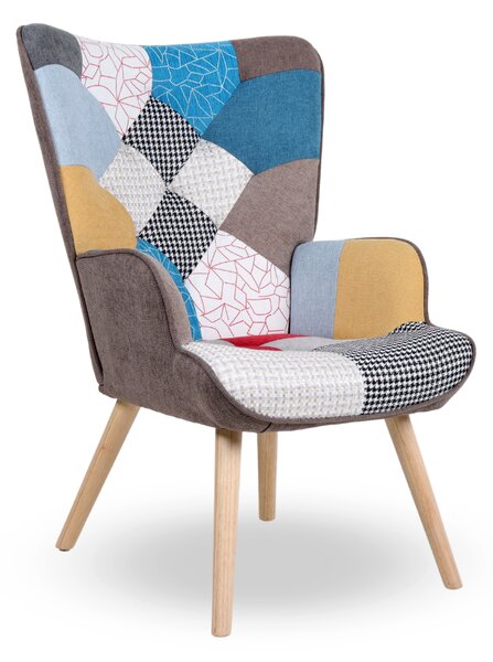 Kreslo ušiak CORDU + taburet — masív, látka, prírodná / patchwork