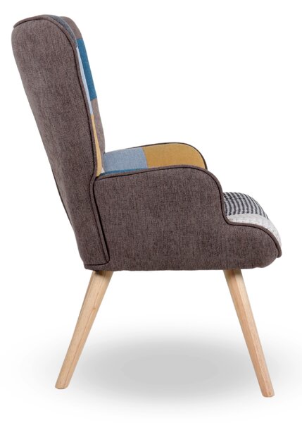 Kreslo ušiak CORDU + taburet — masív, látka, prírodná / patchwork
