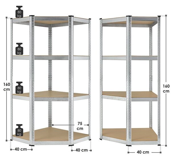 Rohový regál - 160x75x40-75 cm - strieborný