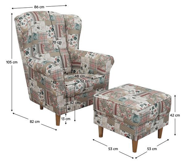 KONDELA Kreslo ušiak s taburetom, látka patchwork Viorica 1, ASTRID