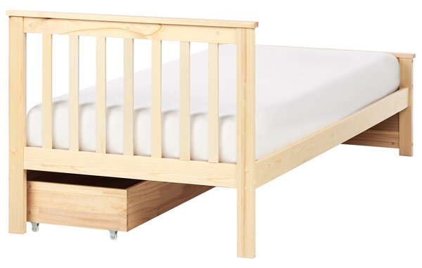 Posteľ svetlohnedá borovicové drevo MDF 90 x 200 cm s čelom úložný priestor 2 zásuvky minimalistický škandinávsky štýl spálňa detská izba
