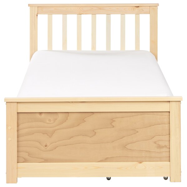 Posteľ svetlohnedá borovicové drevo MDF 90 x 200 cm s čelom úložný priestor 2 zásuvky minimalistický škandinávsky štýl spálňa detská izba
