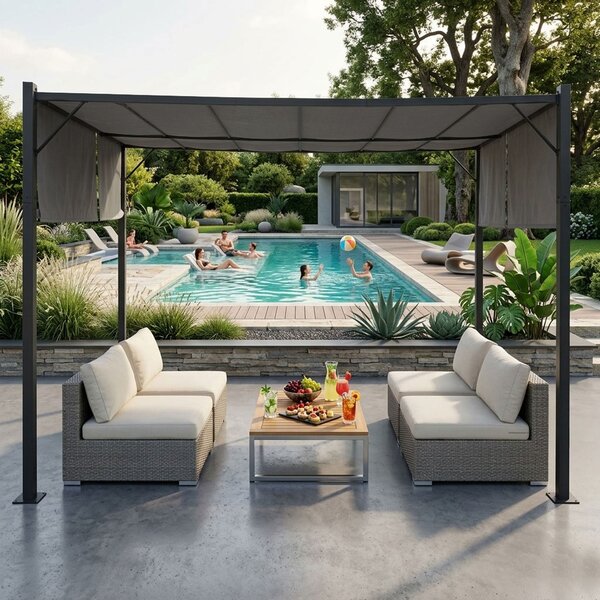 Terasová záhradná pergola 3x4 m oceľový altánok s prístreškom sivá MultiGarden