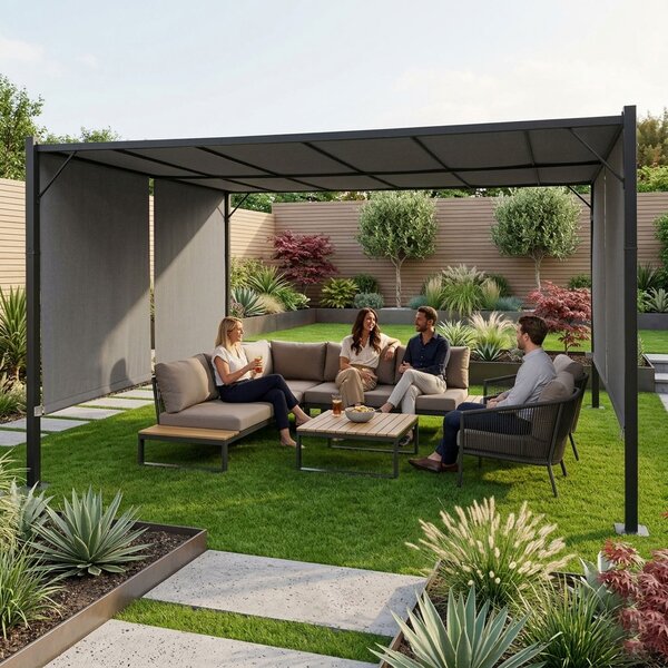 Terasová záhradná pergola 3x4 m oceľový altánok s prístreškom sivá MultiGarden