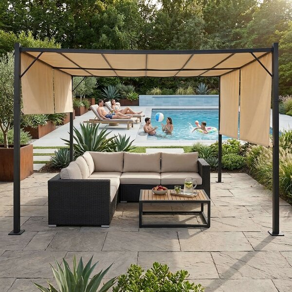 Terasová záhradná pergola 3x4 m oceľový altánok s prístreškom béžová MultiGarden