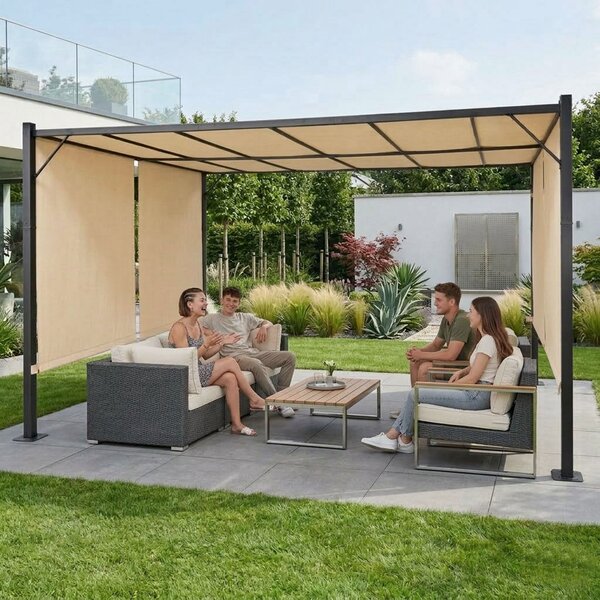 Terasová záhradná pergola 3x4 m oceľový altánok s prístreškom béžová MultiGarden