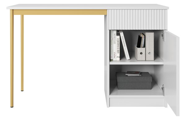 Biely písací stôl Nicole 120 cm s jednými dverami a zásuvkou - matný biely / zlaté nohy