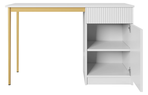 Biely písací stôl Nicole 120 cm s jednými dverami a zásuvkou - matný biely / zlaté nohy