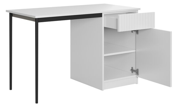 Biely písací stôl Nicole 120 cm s jednými dverami a zásuvkou - biely mat / čierne nohy
