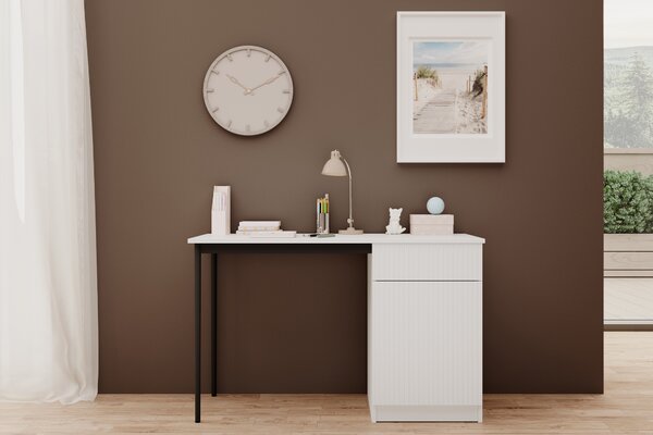 Biely písací stôl Nicole 120 cm s jednými dverami a zásuvkou - biely mat / čierne nohy