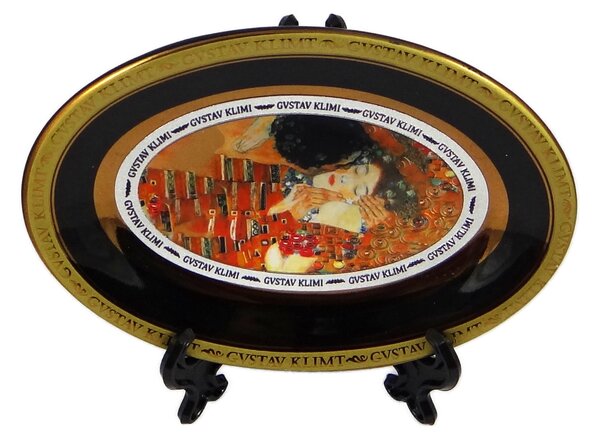 Porcelánový oválny tanierik so stojanom 13 cm – Gustav Klimt Bozk (čierny)