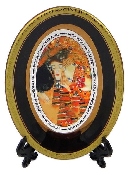 Porcelánový oválny tanierik so stojanom 13 cm – Gustav Klimt Bozk (čierny)
