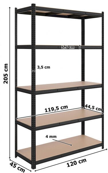TZB Dílenský regál SUSAA 5 polic 205x120x45 cm černý