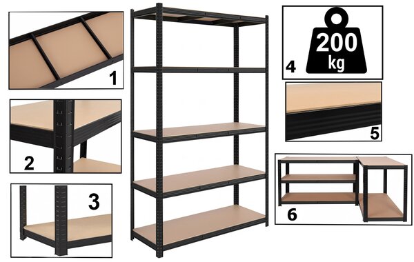 TZB Dílenský regál SUSAA 5 polic 205x120x45 cm černý