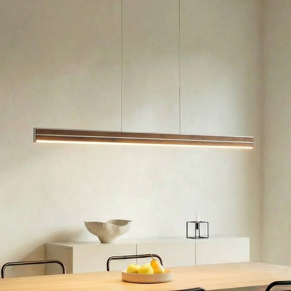 LED závesné svietidlo Quitani Lisene, orech/striebro, 117 cm, stmievateľné, Tmavé drevo, Obývacia izba / jedáleň, Hliník, Dizajn, Závesné svietidlo